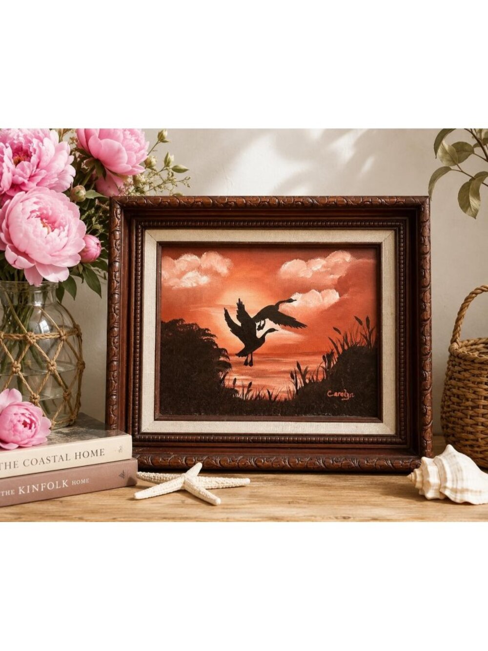 Original Bird Painting Signed Framed Heron Marsh Sunset Landscape Beach Wall Art